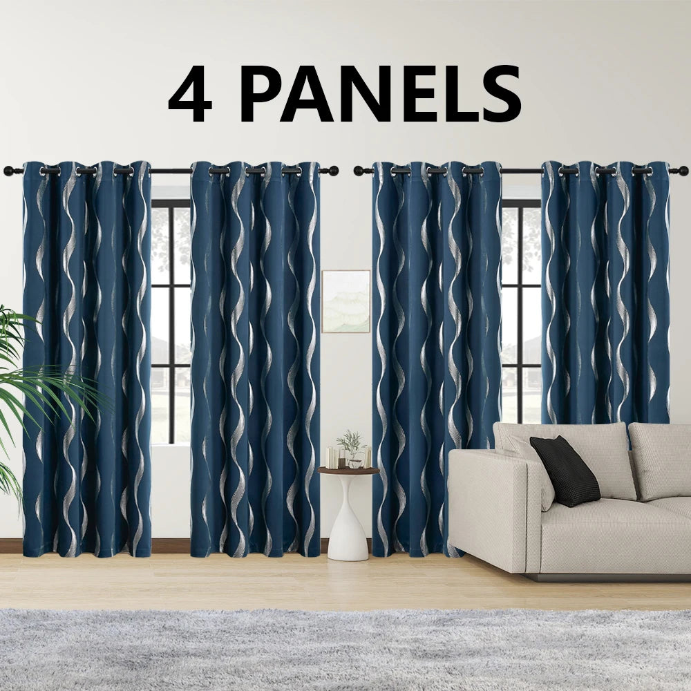 4 Pcs Blackout Curtains Grommet Thermal Insulated Room Darkening Wave Foil Printed For Bedroom - Happy Home Retreat