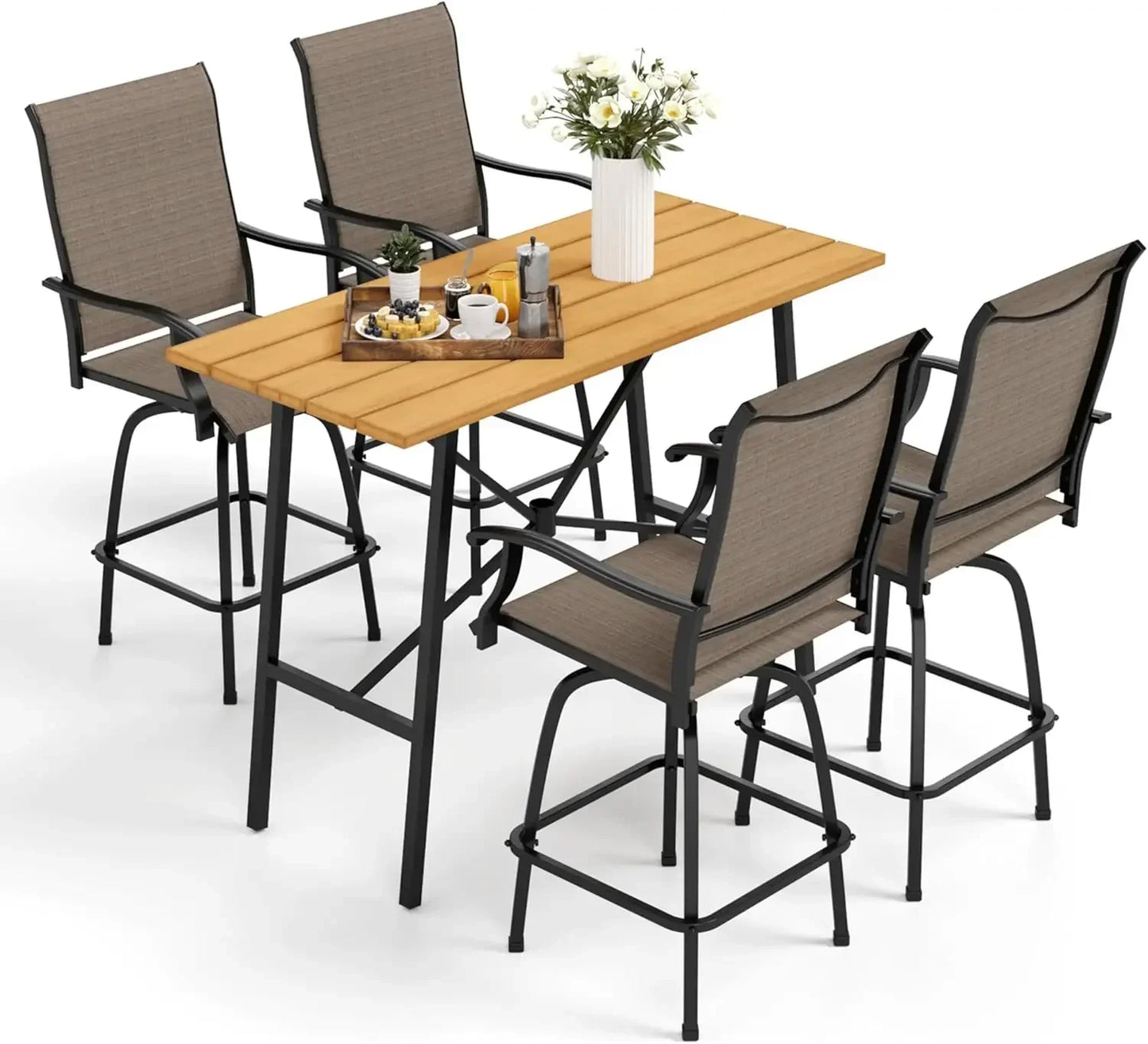 Patio Bar Set of 7 with Heavy Duty Metal Slat Bar Table and Sling Outdoor Bar Height Stools - Happy Home Retreat