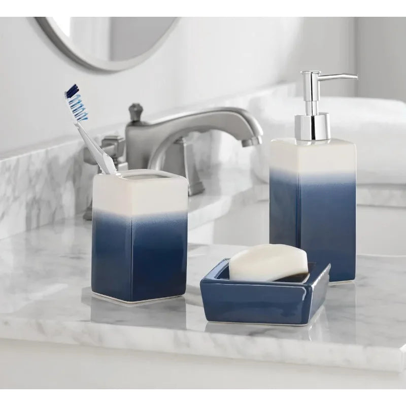 17 Piece Indigo Shibori Stripe Polyester Ceramic Shower Curtain and Bathroom Accessory Set Blue Print - Happy Home Retreat