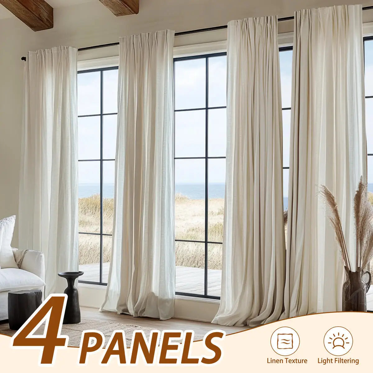 Inchan 4PCS Farmhouse Light Filtering Curtains for Living Room and Bedroom Luxury Linen Texture Window Drapes - Happy Home Retreat