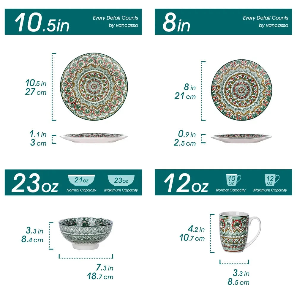 Vancasso 16PCS Ceramic Plate Porcelain Dinnerware Set Bohemian Mandala Patterned Dinner Plates Dessert Plates Bowls Mugs - Happy Home Retreat