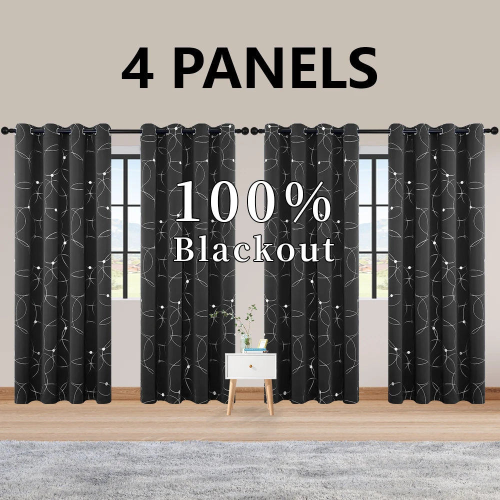 4PCS Blackout Curtains Grommet Thermal Insulated Room Darkening with Circle and Dots Foil Printed for Bedroom - Happy Home Retreat