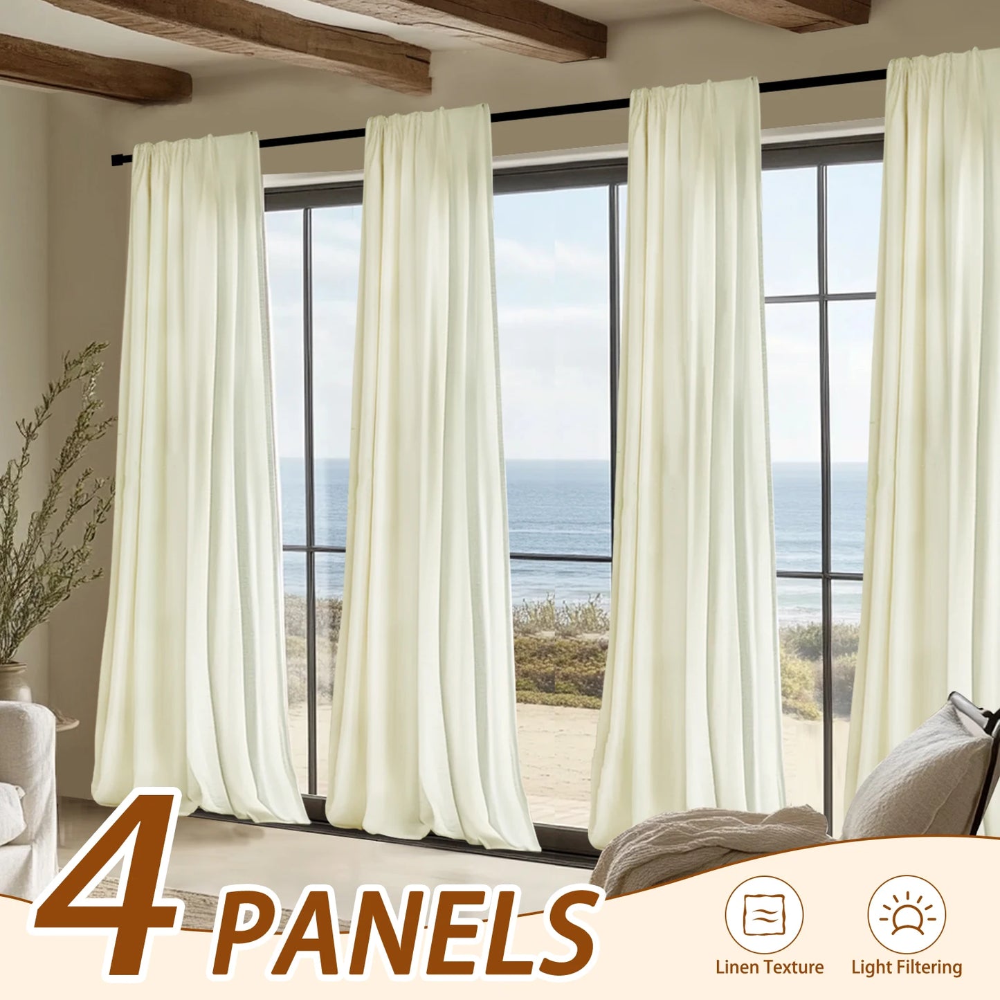 Inchan 4PCS Farmhouse Light Filtering Curtains for Living Room and Bedroom Luxury Linen Texture Window Drapes - Happy Home Retreat