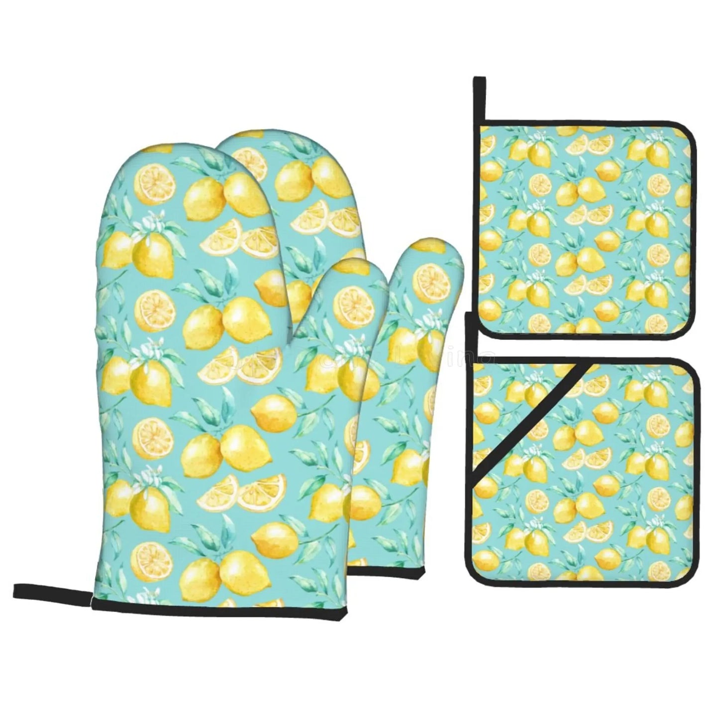 Bright Yellow Lemons Oven Mitts and Pot Holders Set of 4 Non-Slip Hot Pads for Cooking Baking Grilling - Happy Home Retreat