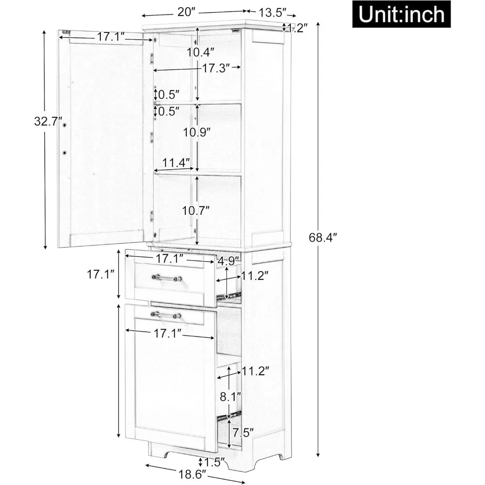 Tall Bathroom Storage Cabinet, Freestanding Storage Cabinet with 1 Door, 2 Different Size Drawers for Bathroom Living Room (Grey - Happy Home Retreat
