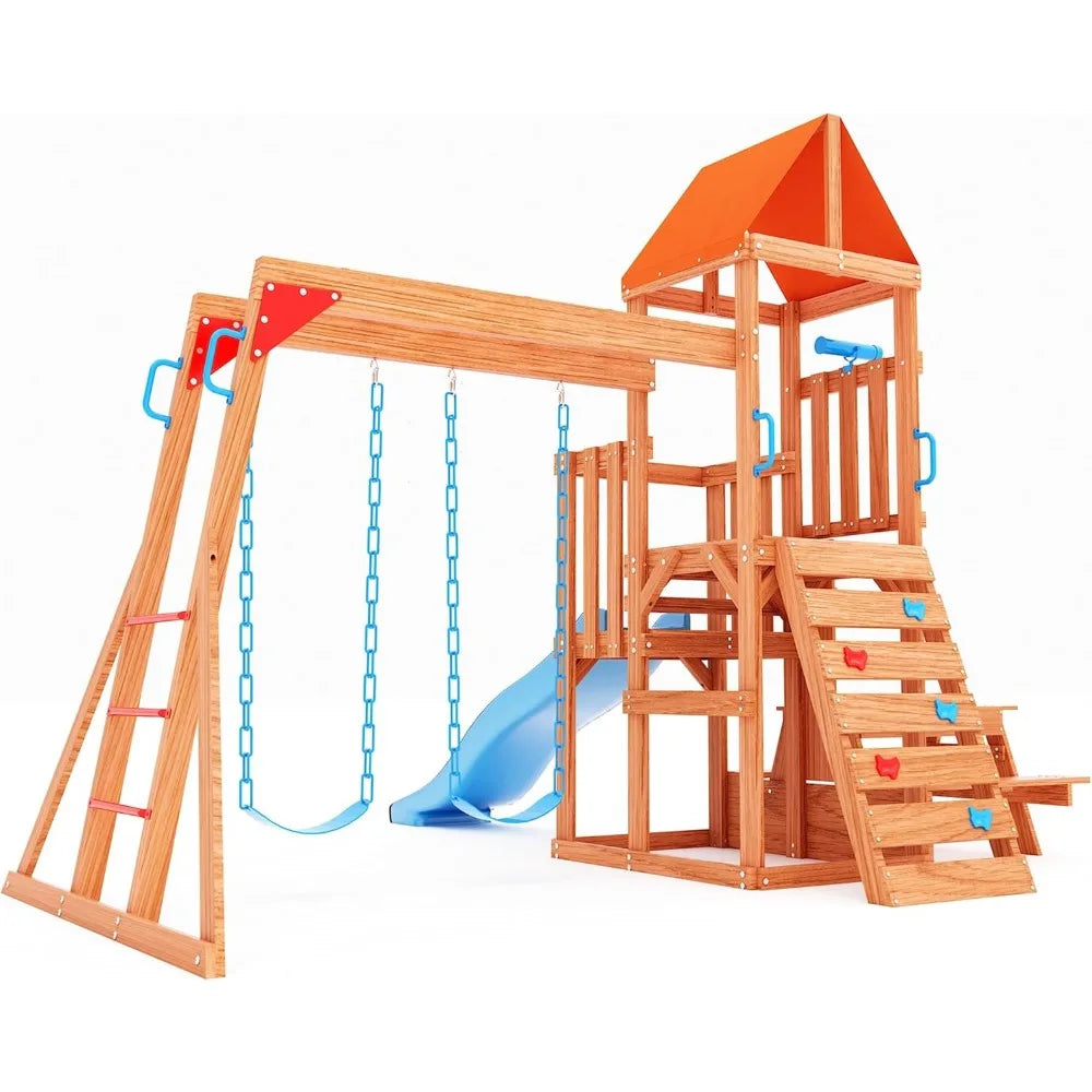 Dolphin Playground Cedar Wooden Swing Set Outdoor Playset with Wave Slide Climbing Wall and 2 Belt Swings - Happy Home Retreat