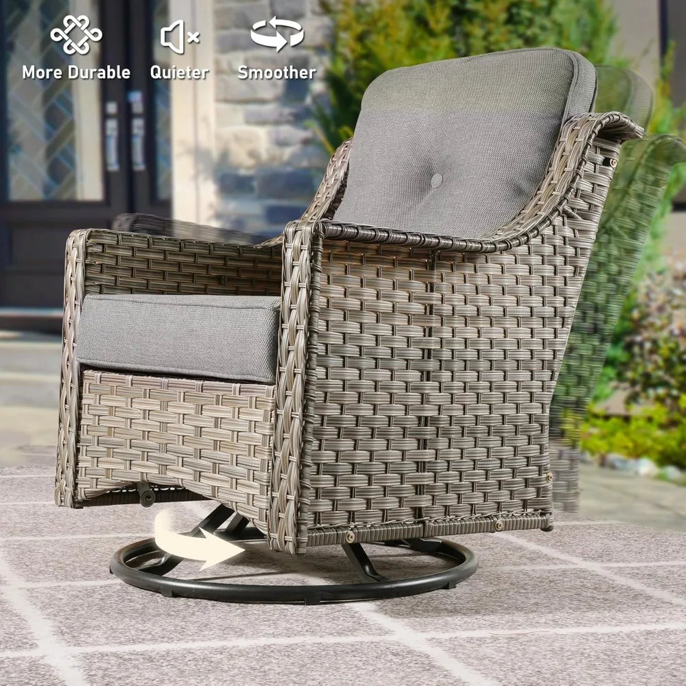 All Weather Wicker 5 Piece Outdoor Sofa Set with High Back Swivel Rocker Chairs and Solar Powered Table - Happy Home Retreat
