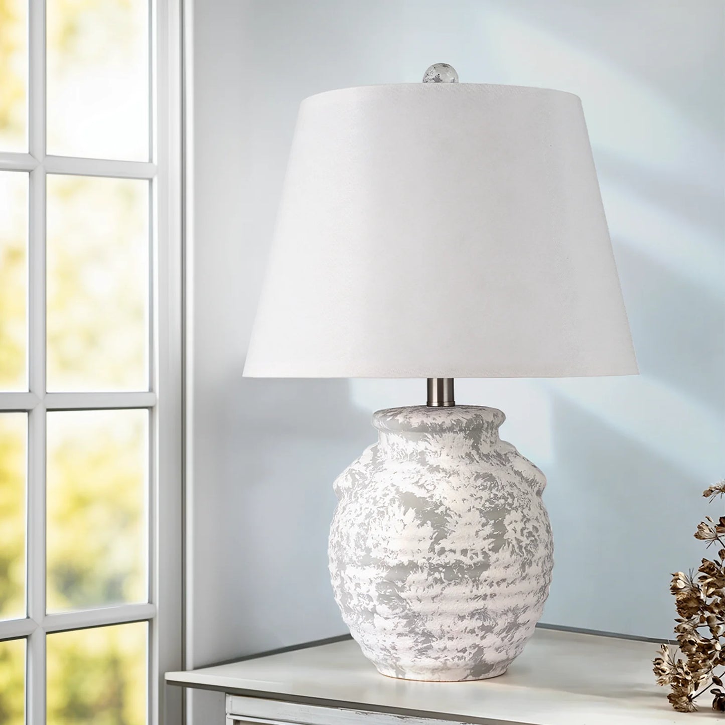 22 Inch Rustic Ceramic Table Lamp Handcrafted Light Grey Clay Accent Lamp for Kitchen Bedroom Living Room - Happy Home Retreat