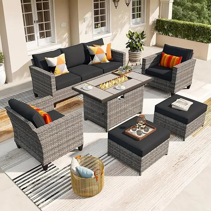 6 Pieces Patio Furniture Set with 42 Inch Fire Pit Table Outdoor Wicker Rattan Sofa Sets with Comfy Cushions Orange Red - Happy Home Retreat