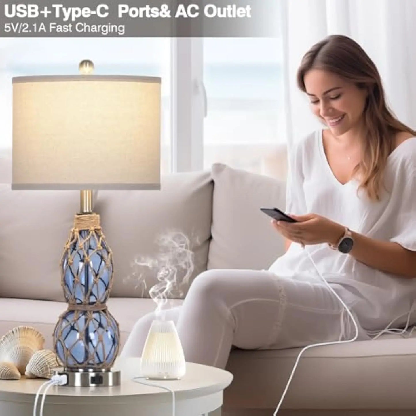 26 Coastal Glass Table Lamps Set of 2 3 Way Dimmable Touch Lamps with USB Ports and AC Outlet Nautical Bedside Lamps for Bedroom - Happy Home Retreat