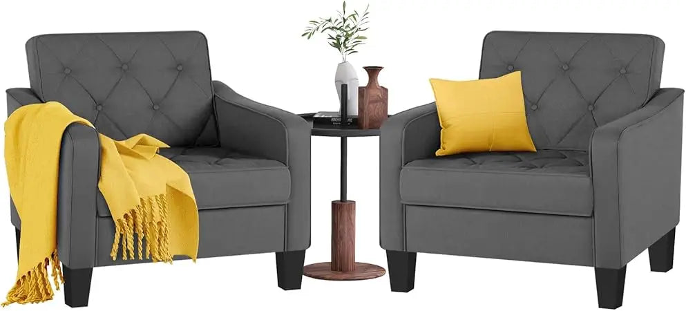 Living Room Accent Chairs Set of 2 Tufted Armchairs Comfy Reading Chairs for Bedroom and Office - Happy Home Retreat