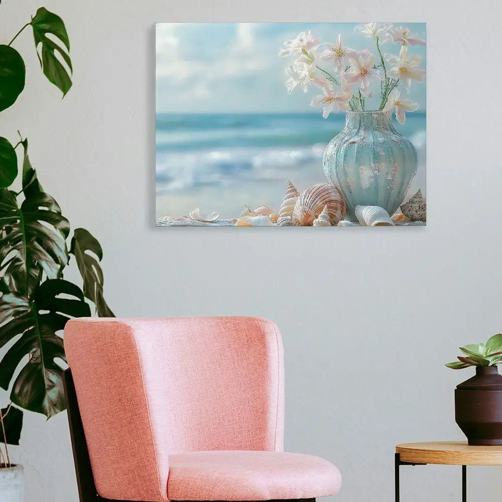 1PC Coastal Happiness Canvas Beach Scene with Flowers Starfish and Seashells for Living Room and Bedroom Wall Decoration - Happy Home Retreat