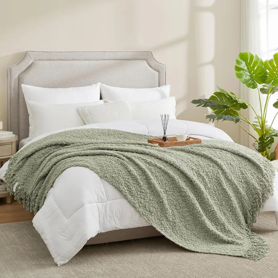 Home Knit Throw Blanket with Tassels for Couch Luxury Boho Throw Blanket Summer Sage Green 50x60 - Happy Home Retreat