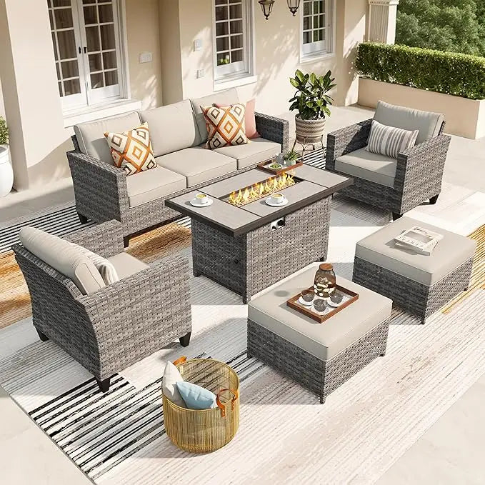 6 Pieces Patio Furniture Set with 42 Inch Fire Pit Table Outdoor Wicker Rattan Sofa Sets with Comfy Cushions Orange Red - Happy Home Retreat