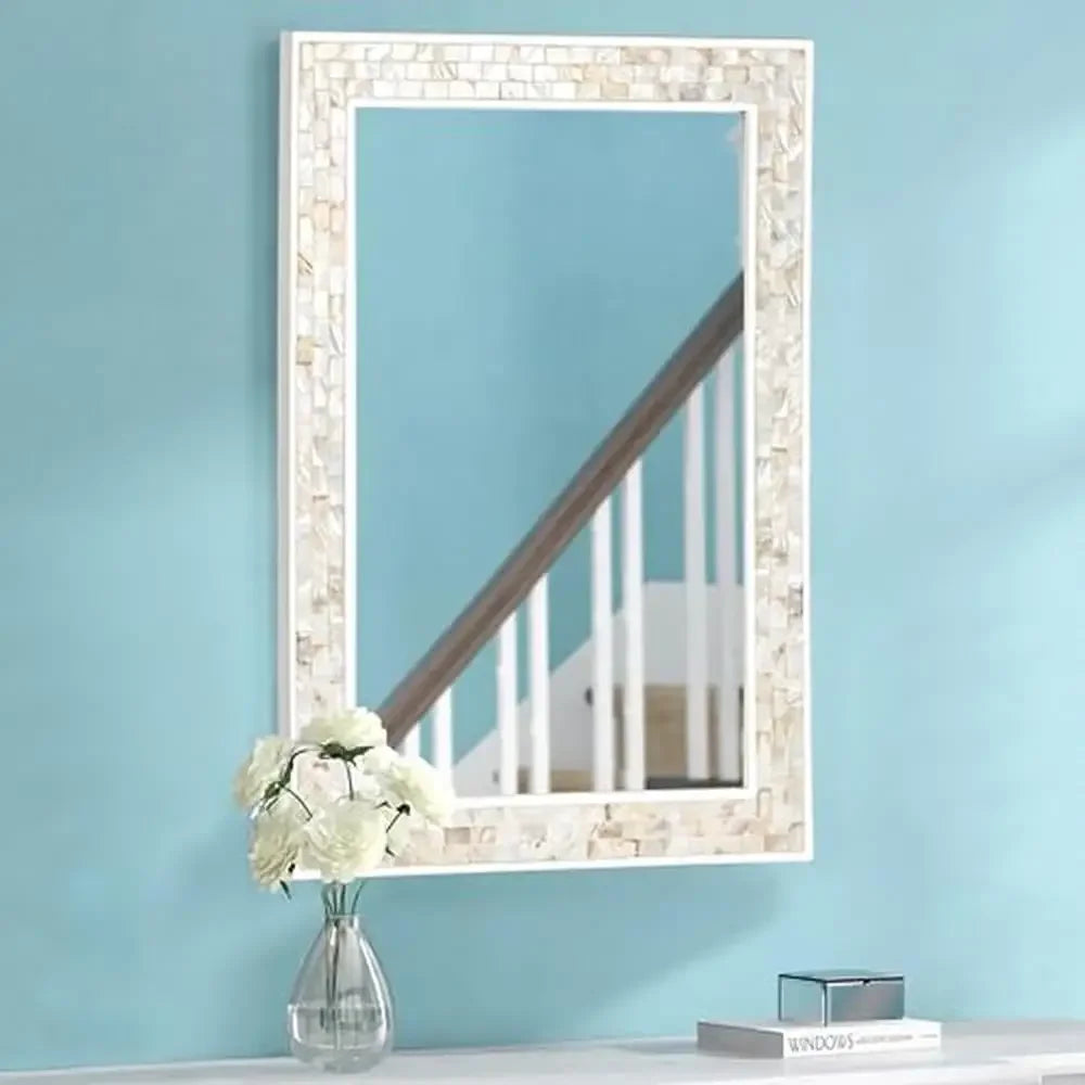 Rectangle Mother of Pearl Framed Wall Mirror 20x28 Inches Tempered Glass Coastal Style for Bathroom Bedroom Living Room Entryway - Happy Home Retreat