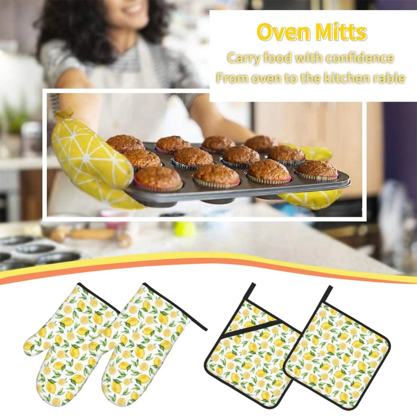 Bright Yellow Lemons Oven Mitts and Pot Holders Set of 4 Non-Slip Hot Pads for Cooking Baking Grilling - Happy Home Retreat