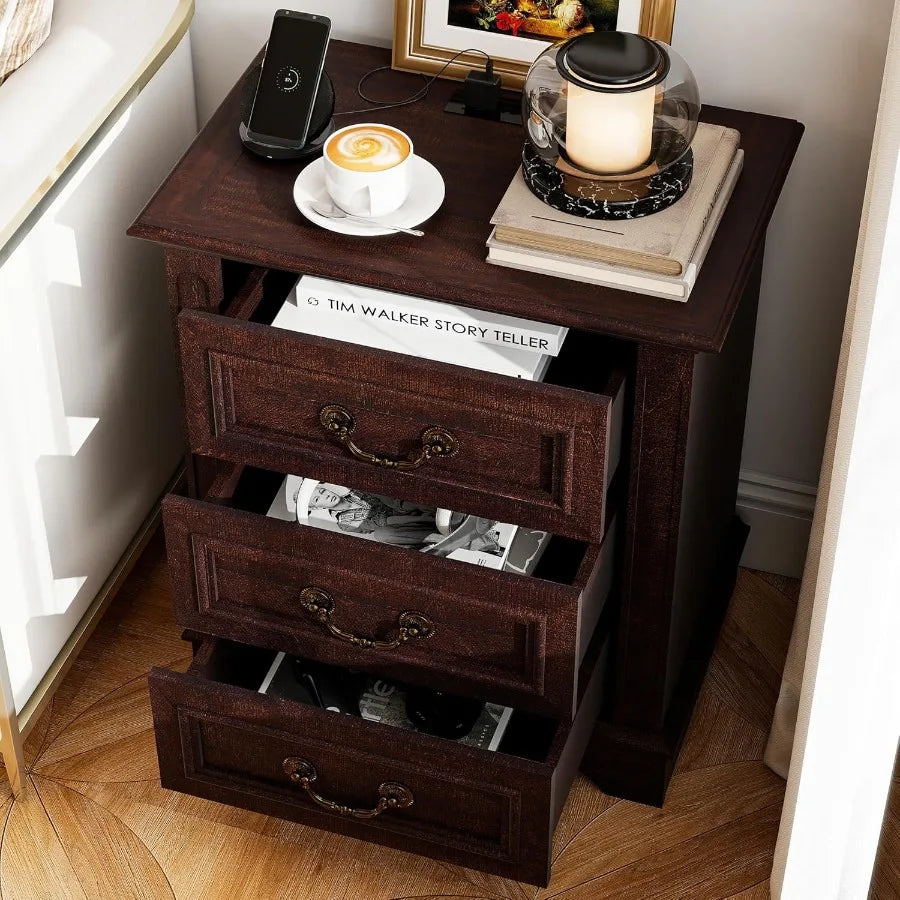 Dark Brown Wooden Bedside Table With Charging Station And 3 Drawers - Happy Home Retreat