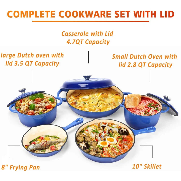 Enameled Cast Iron Cookware Set, 8 Piece of Casserole, Dutch Ovens, Skillet and 3 Lids, Ceramic Coated Cast Iron Dutch O - Happy Home Retreat