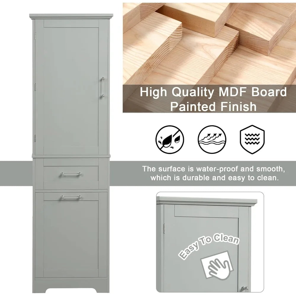 Tall Bathroom Storage Cabinet, Freestanding Storage Cabinet with 1 Door, 2 Different Size Drawers for Bathroom Living Room (Grey - Happy Home Retreat