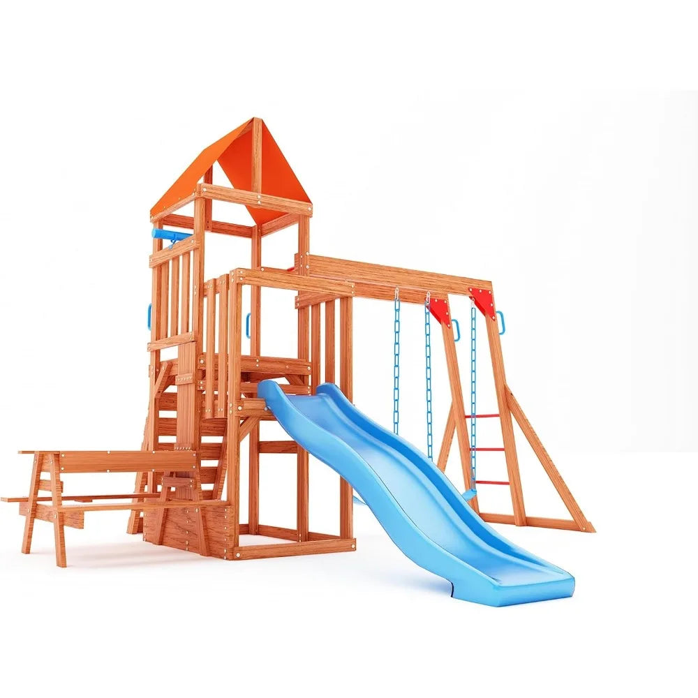 Dolphin Playground Cedar Wooden Swing Set Outdoor Playset with Wave Slide Climbing Wall and 2 Belt Swings - Happy Home Retreat