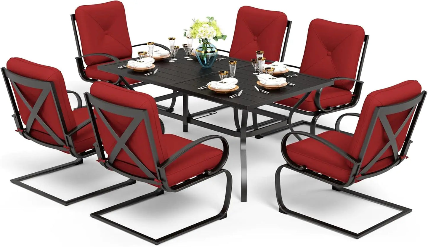 Patio Dining Set 7-Piece Metal Outdoor Table Furniture Set with 2.6 Inch Umbrella Hole and Cushioned Chairs - Happy Home Retreat