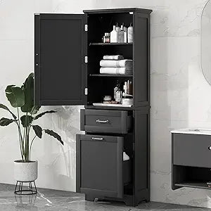 Tall Bathroom Storage Cabinet, Freestanding Storage Cabinet with 1 Door, 2 Different Size Drawers for Bathroom Living Room (Grey - Happy Home Retreat