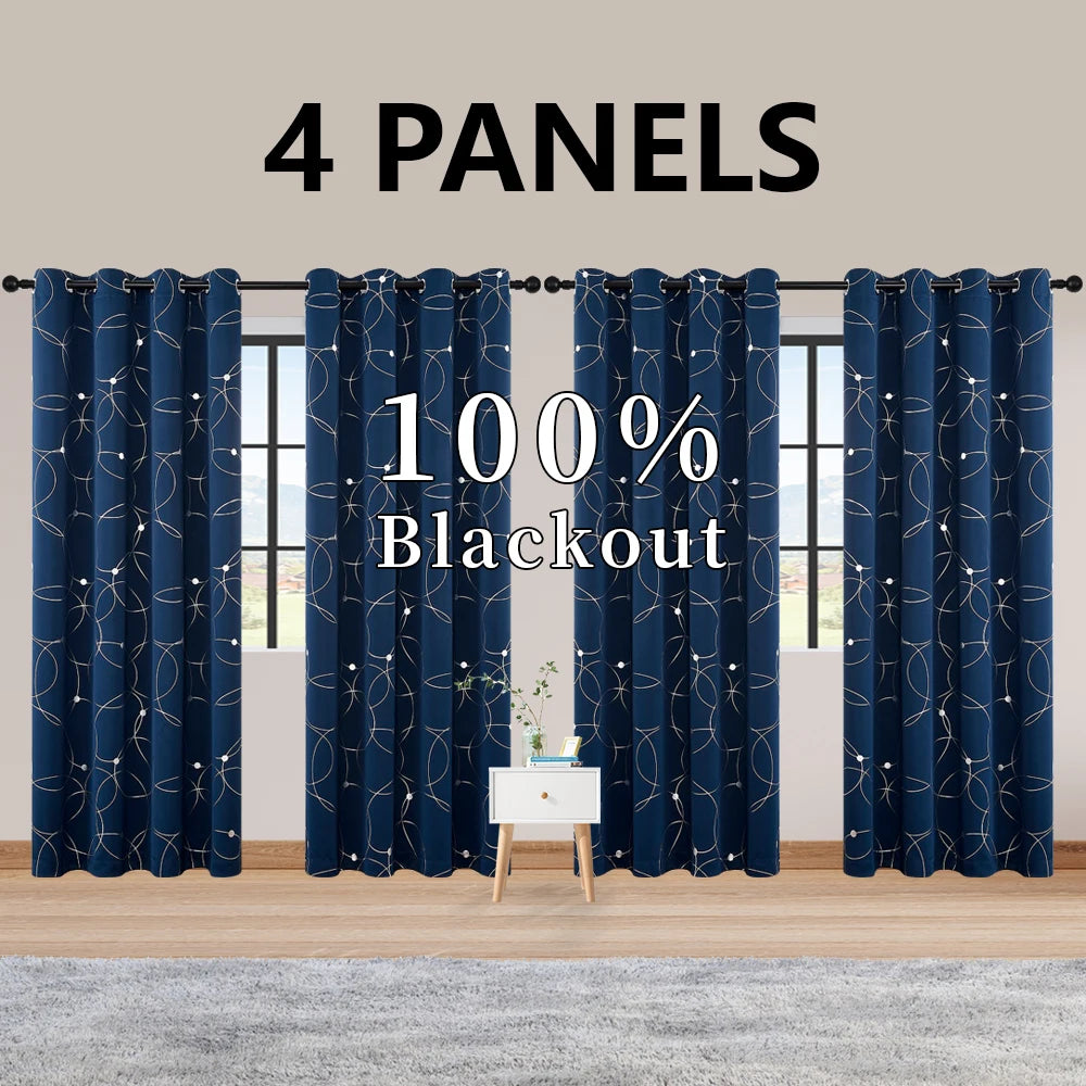 4PCS Blackout Curtains Grommet Thermal Insulated Room Darkening with Circle and Dots Foil Printed for Bedroom - Happy Home Retreat