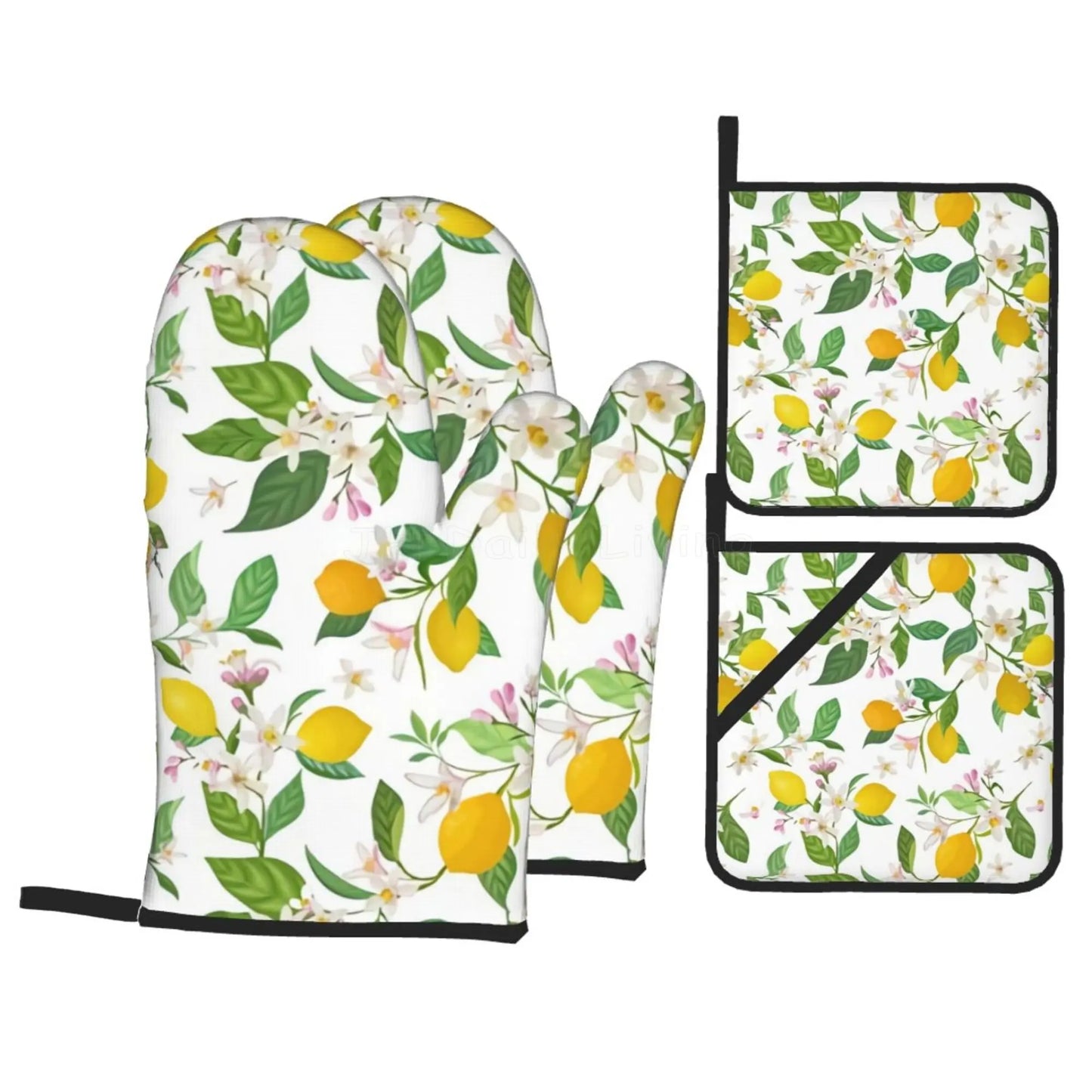 Bright Yellow Lemons Oven Mitts and Pot Holders Set of 4 Non-Slip Hot Pads for Cooking Baking Grilling - Happy Home Retreat