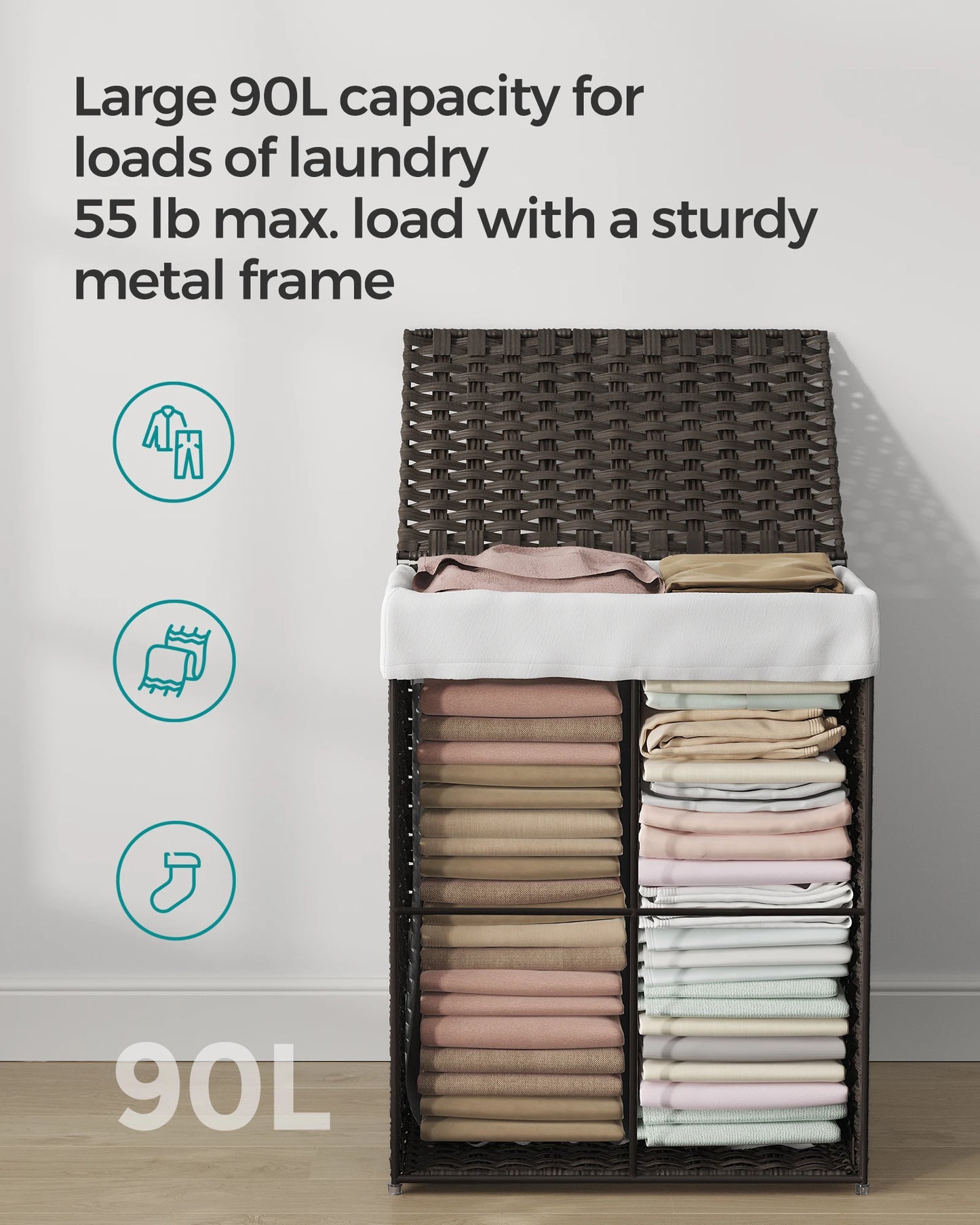 Songmics Laundry Hamper with Lid 23.8 Gallon 90 Liters Synthetic Rattan Clothes Basket Foldable with Handles - Happy Home Retreat