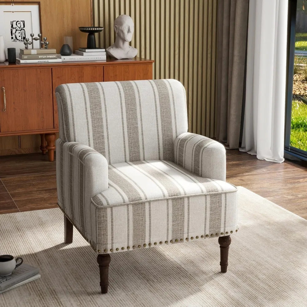 Stripe Accent Chair Modern Upholstered Fabric Armchair Nailhead Trim Club Chair Comfy Single Sofa - Happy Home Retreat