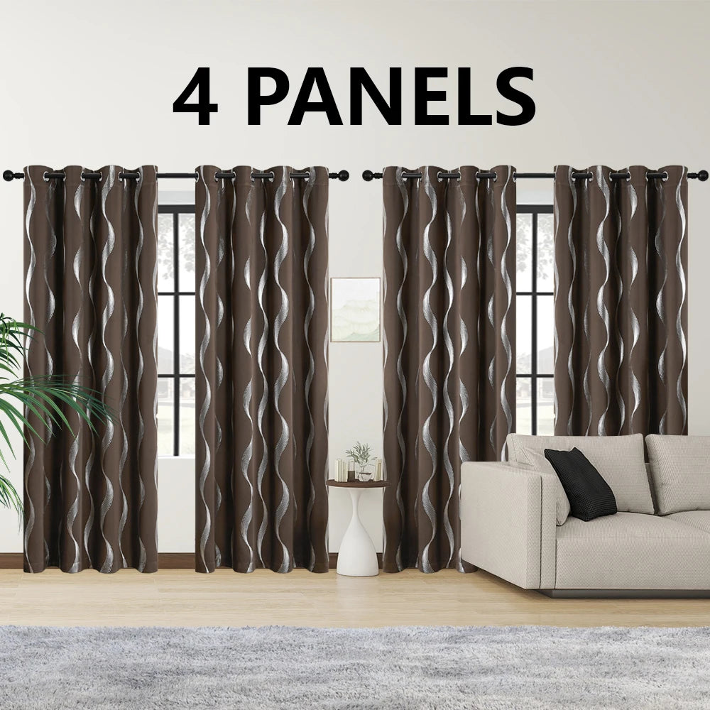 4 Pcs Blackout Curtains Grommet Thermal Insulated Room Darkening Wave Foil Printed For Bedroom - Happy Home Retreat