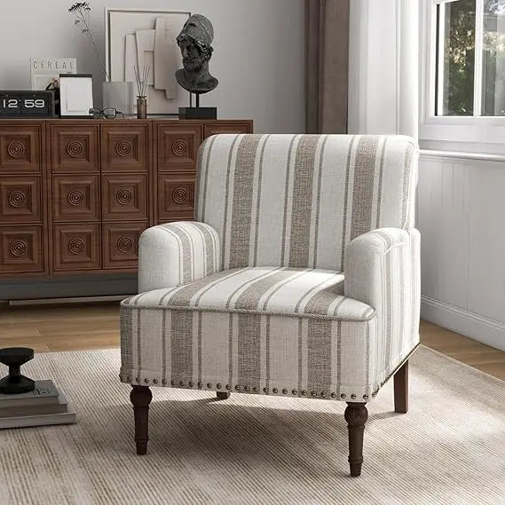 Stripe Accent Chair Modern Upholstered Fabric Armchair Nailhead Trim Club Chair Comfy Single Sofa - Happy Home Retreat