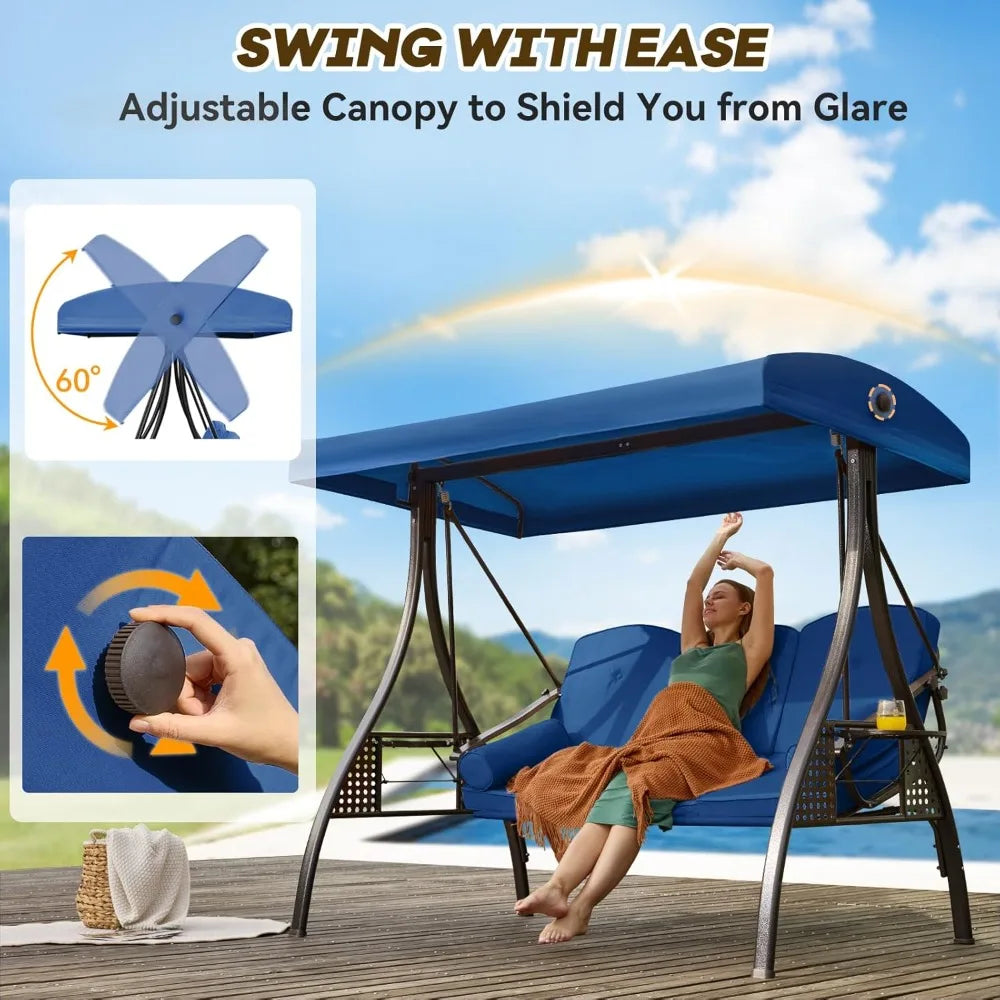 3 in 1 Outdoor Porch Swing with Adjustable Canopy and Thick Cushions for 3 Seats with Pillows and Cup Holders for Backyard and Garden - Happy Home Retreat