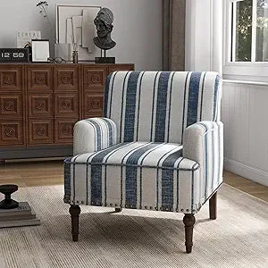 Stripe Accent Chair Modern Upholstered Fabric Armchair Nailhead Trim Club Chair Comfy Single Sofa - Happy Home Retreat