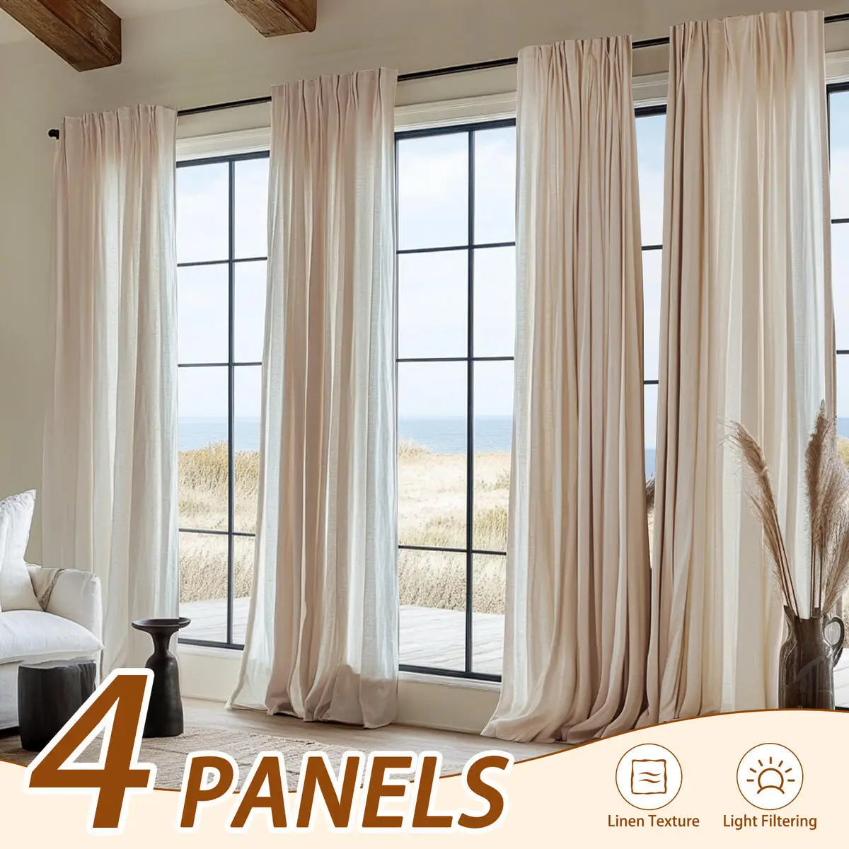 Inchan 4PCS Farmhouse Light Filtering Curtains for Living Room and Bedroom Luxury Linen Texture Window Drapes - Happy Home Retreat
