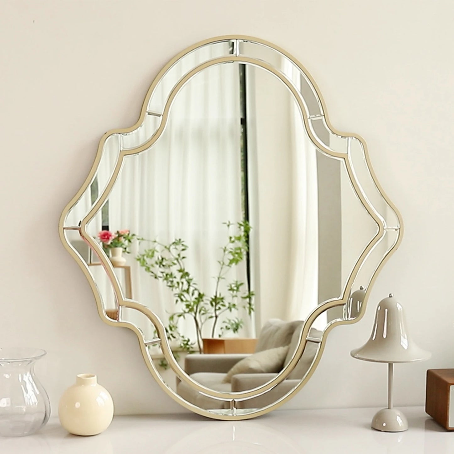 Large Gold Wall Mirror with Glass Frame Golden Rim Modern Art Accent for Living Room and Hallway Home Decor - Happy Home Retreat