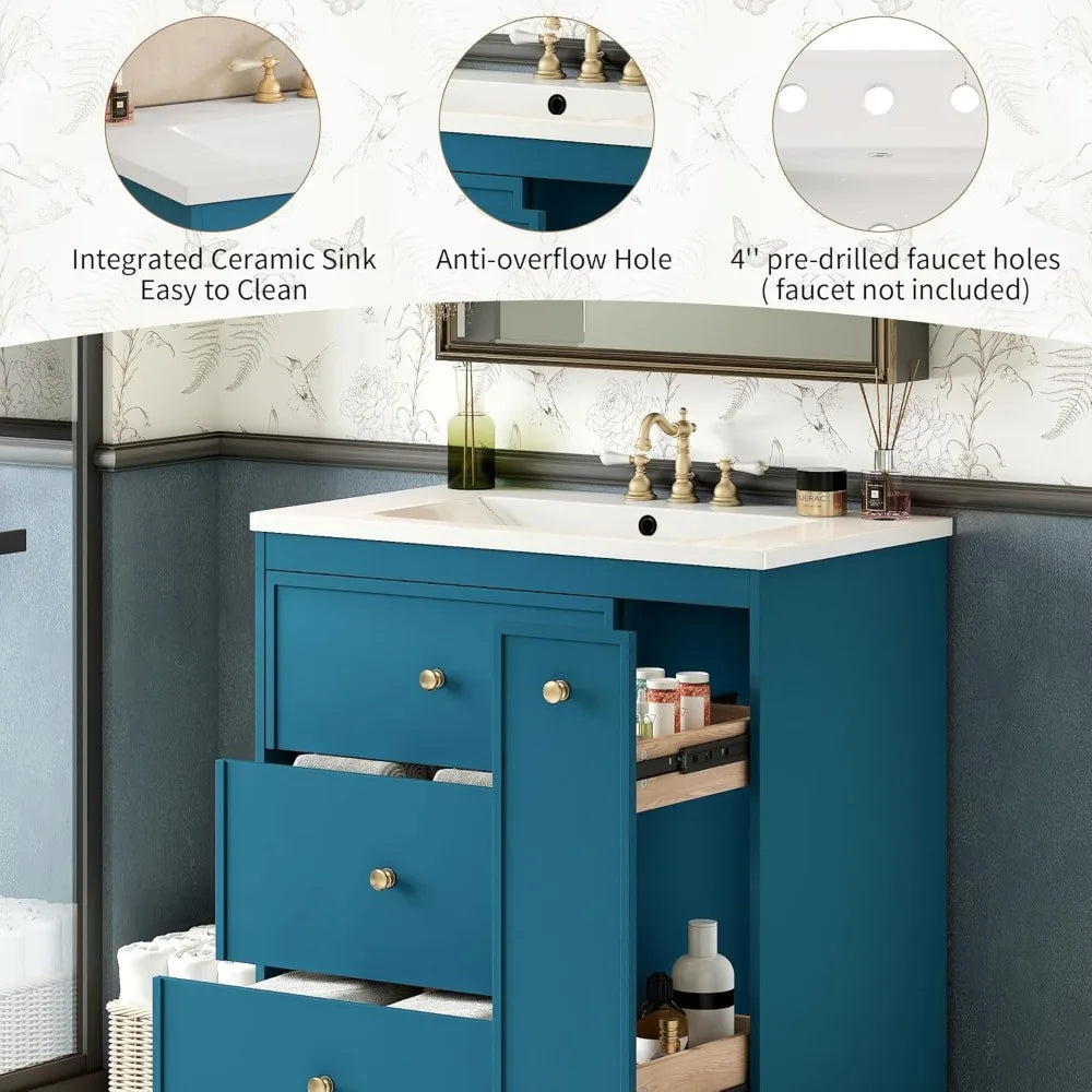 30 Inch Bathroom Vanity with Ceramic Sink, Modern Bathroom Storage Cabinet with 2 Drawers and 1 Pull-Out Cabinet, Freestanding B - Happy Home Retreat