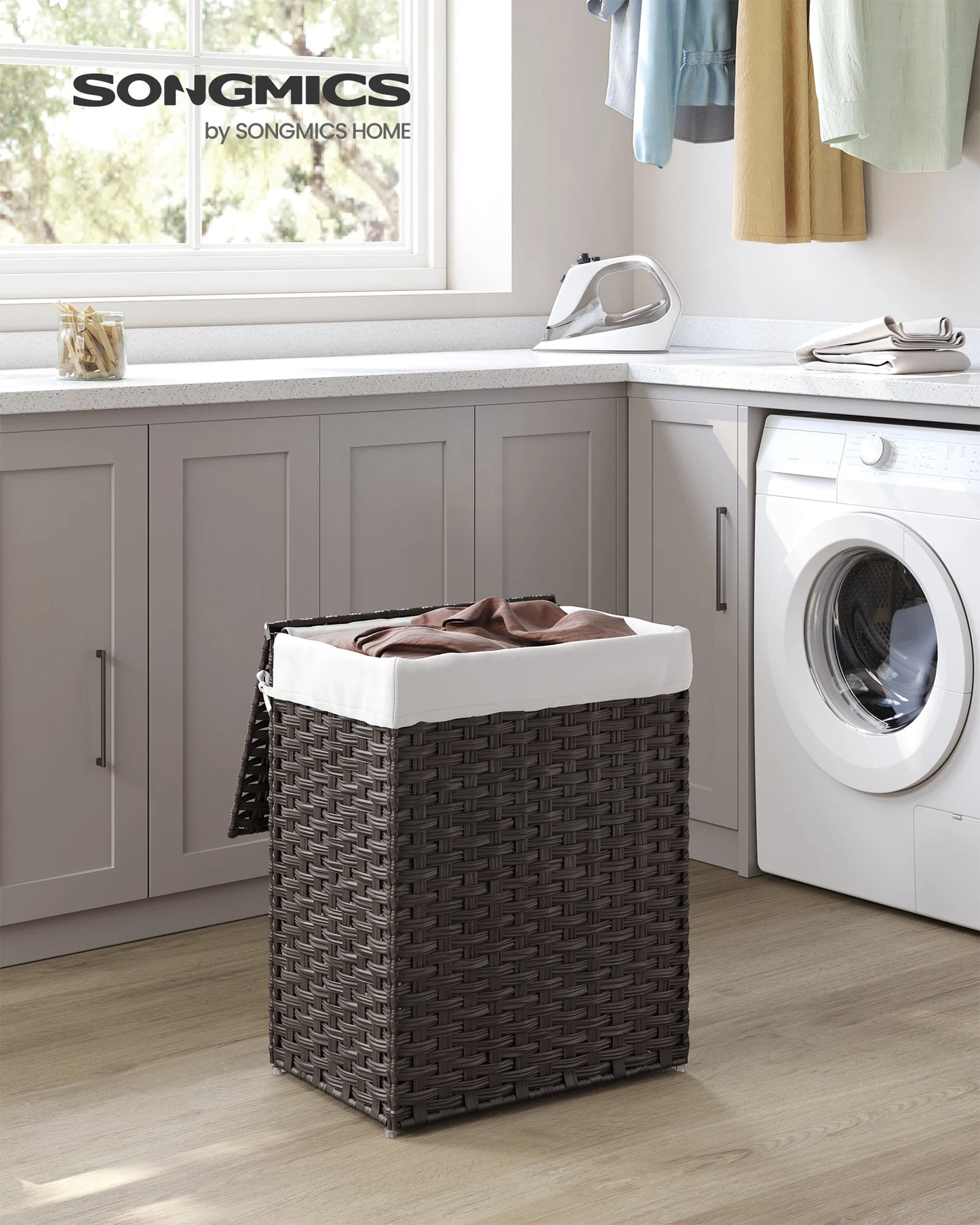 Songmics Laundry Hamper with Lid 23.8 Gallon 90 Liters Synthetic Rattan Clothes Basket Foldable with Handles - Happy Home Retreat