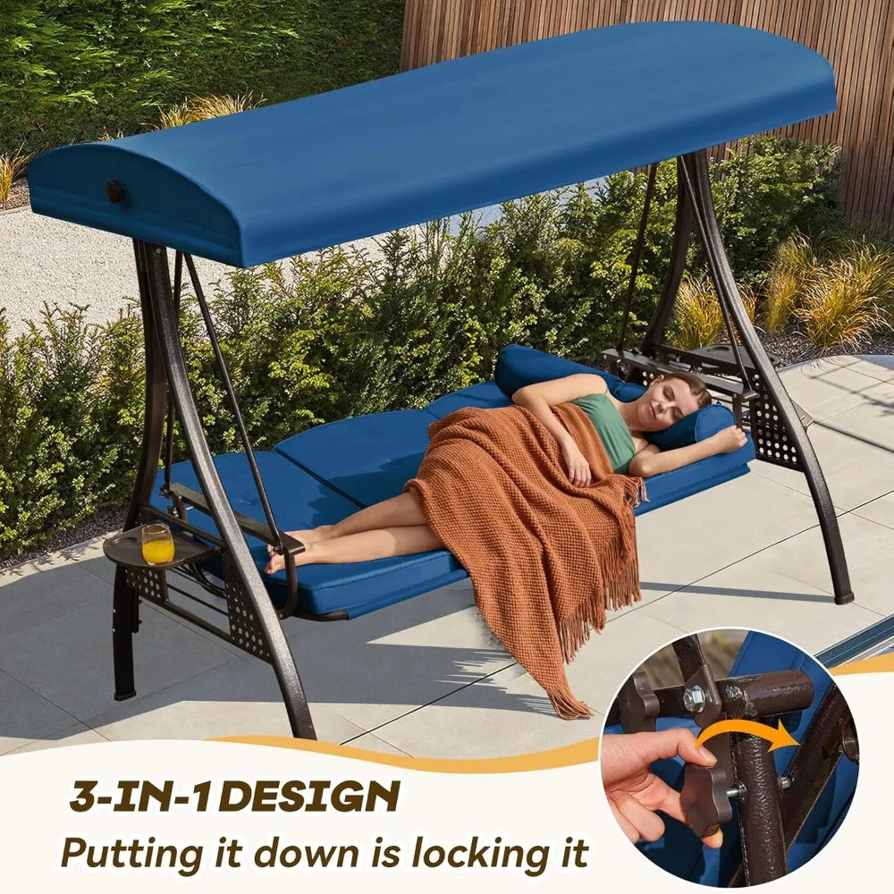 3 in 1 Outdoor Porch Swing with Adjustable Canopy and Thick Cushions for 3 Seats with Pillows and Cup Holders for Backyard and Garden - Happy Home Retreat