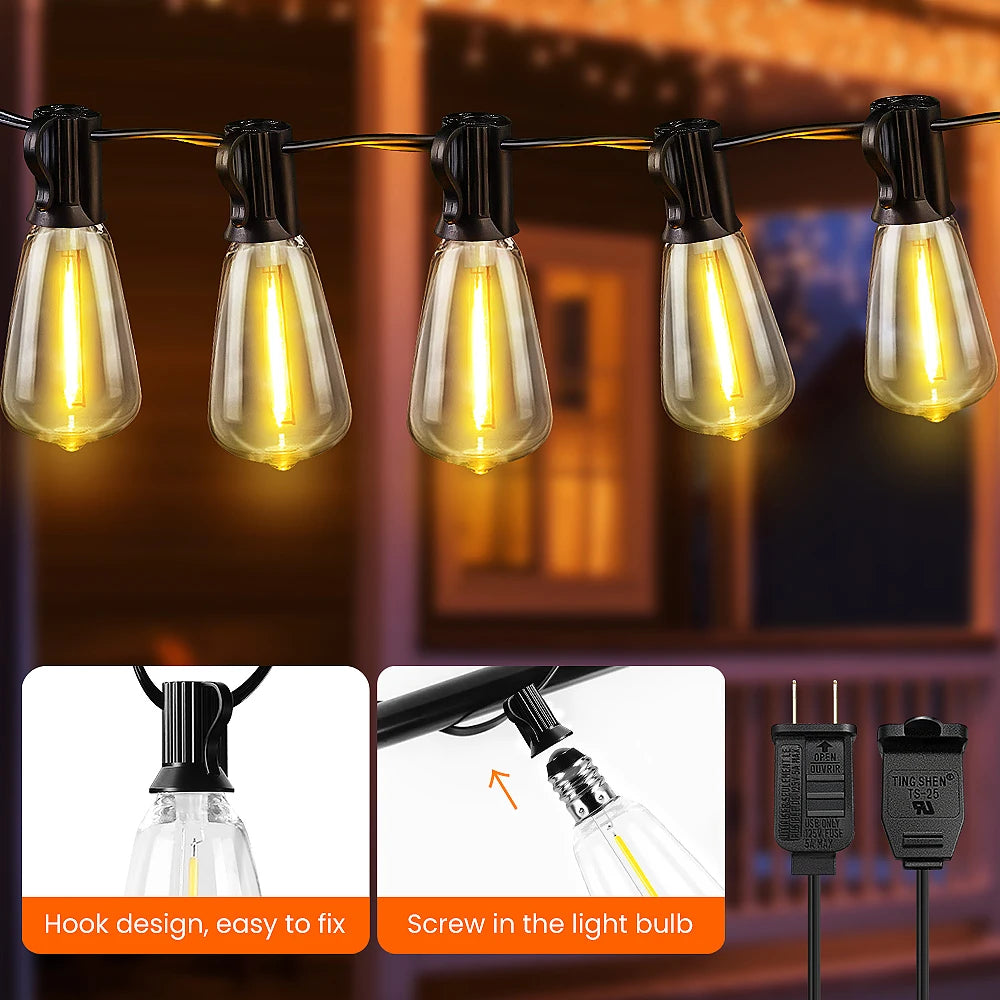 ST38 LED Outdoor Patio String Lights With US Plug Shatterproof Bulb Waterproof Hanging Lamp Connectable for Porch Backyard - Happy Home Retreat
