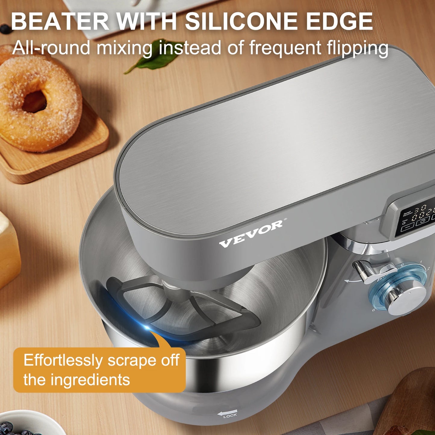 VEVOR Stand Mixer 660W Electric Dough Mixer with 6 Speeds LCD Screen Timing 5.8 Qt Stainless Steel Bowl Dough Hook Flat Beater - Happy Home Retreat