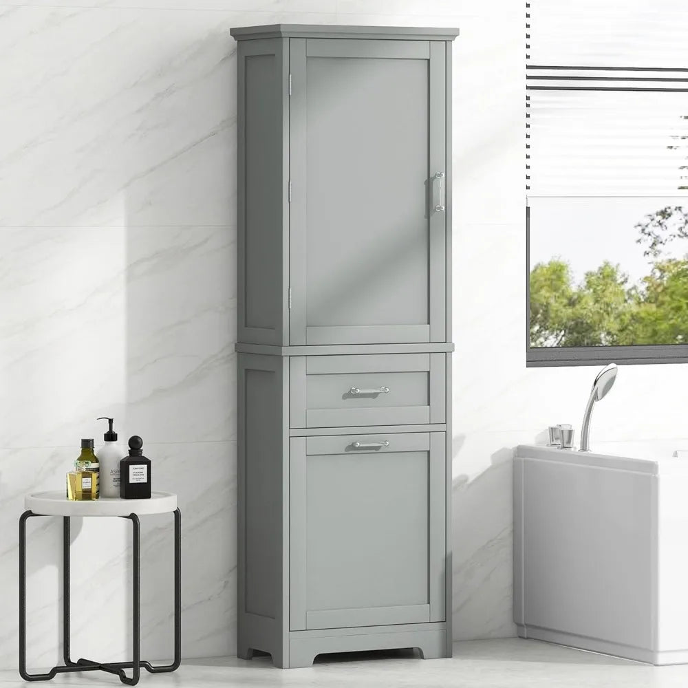 Tall Bathroom Storage Cabinet, Freestanding Storage Cabinet with 1 Door, 2 Different Size Drawers for Bathroom Living Room (Grey - Happy Home Retreat