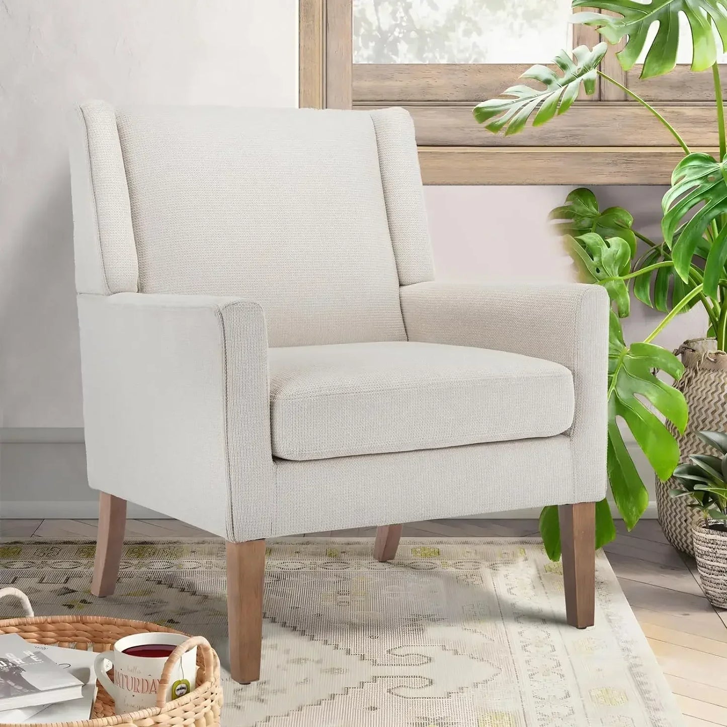 Modern Wingback Living Room Chair Upholstered Fabric Accent Armchair Single Sofa Chair With Lounge Seat And Wood Legs - Happy Home Retreat