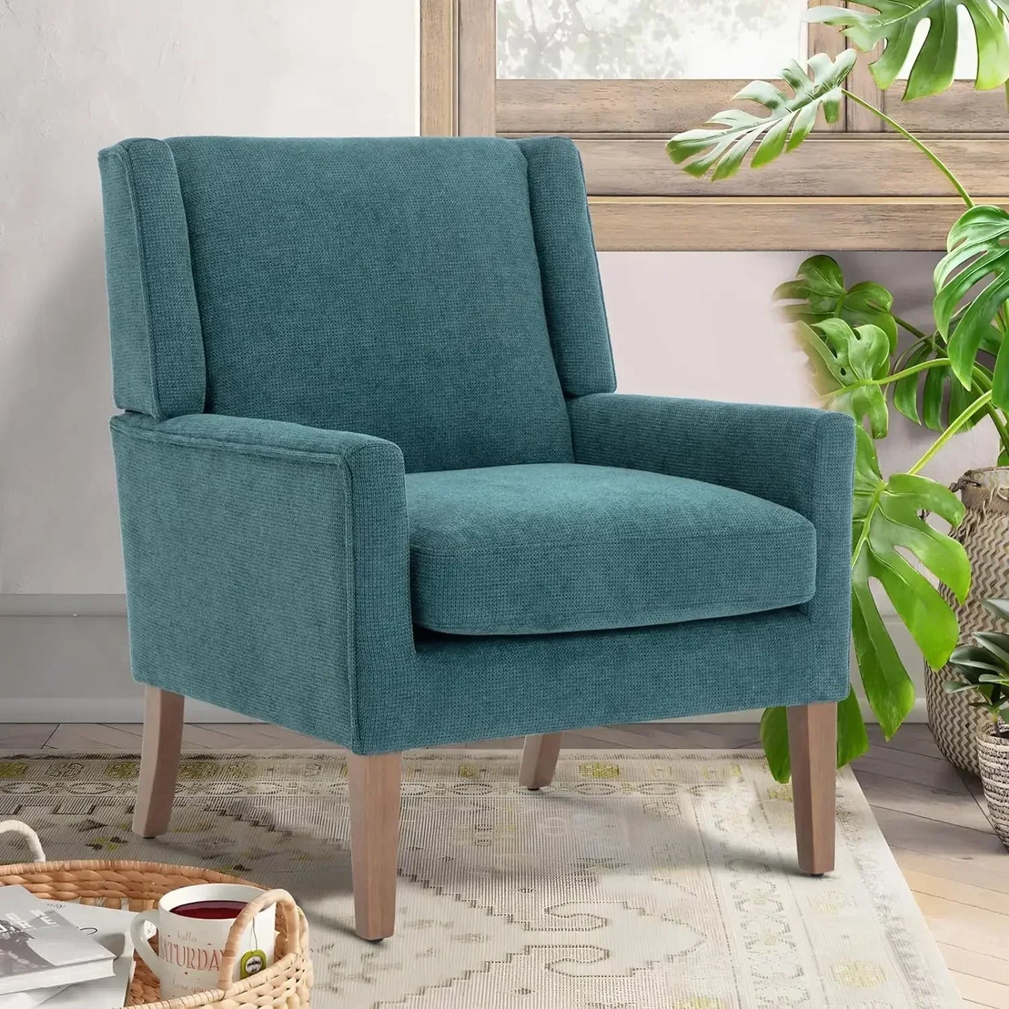 Modern Wingback Living Room Chair Upholstered Fabric Accent Armchair Single Sofa Chair With Lounge Seat And Wood Legs - Happy Home Retreat