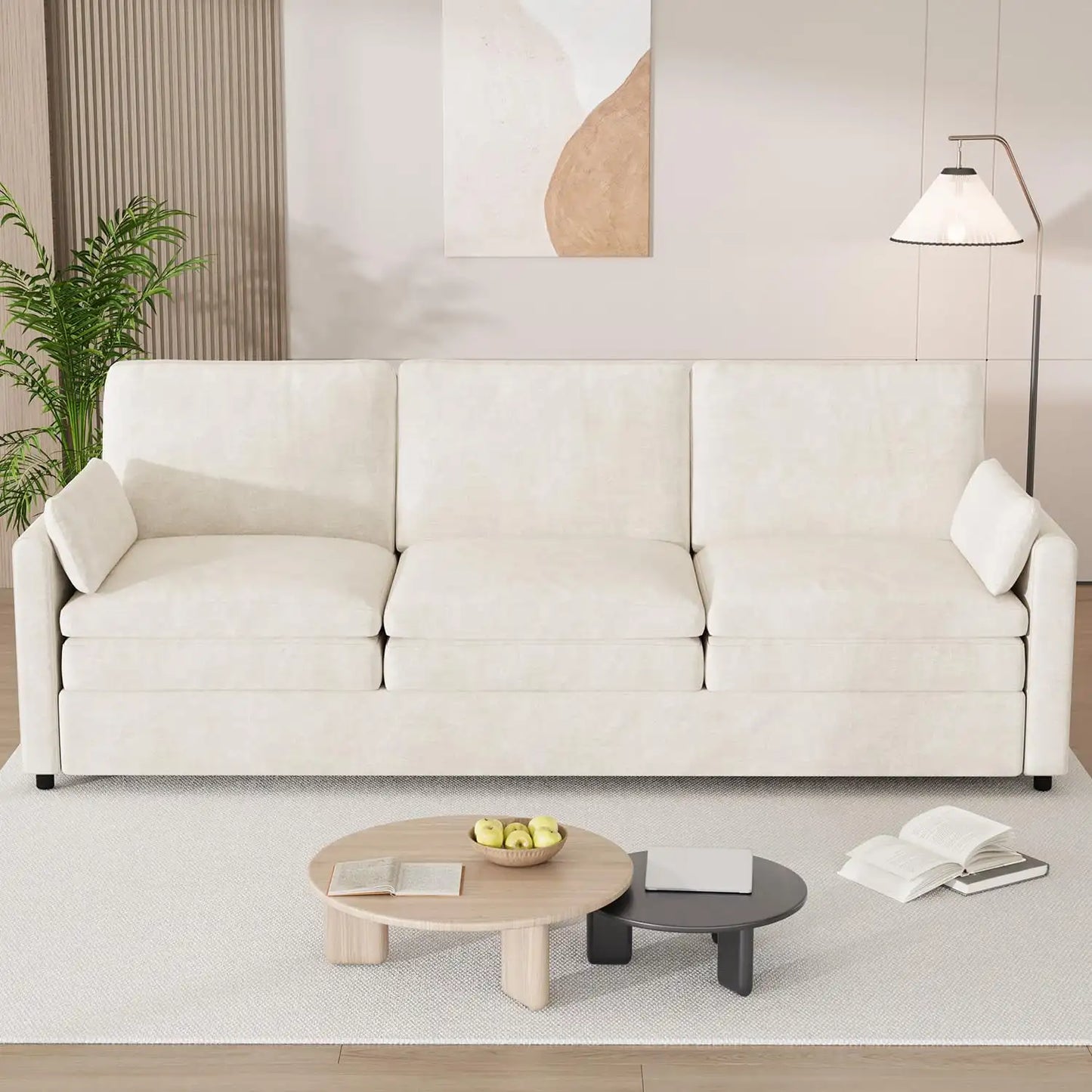 89" Sofa Couch for Living Room 3 Seats Chenille Futon Sofa with 2 Removable Pillows, Cream White - Happy Home Retreat