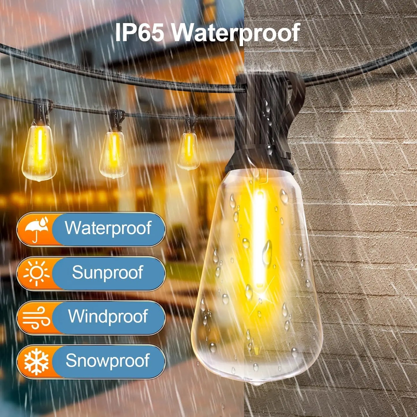 ST38 LED Outdoor Patio String Lights With US Plug Shatterproof Bulb Waterproof Hanging Lamp Connectable for Porch Backyard - Happy Home Retreat