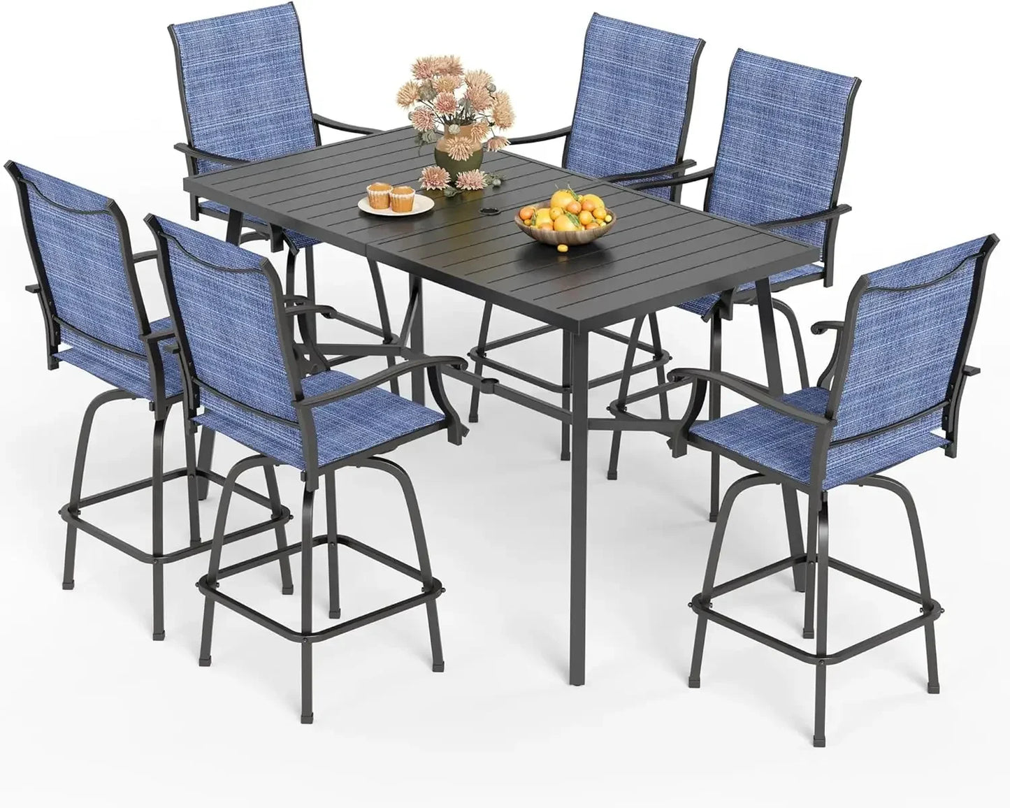 Patio Bar Set of 7 with Heavy Duty Metal Slat Bar Table and Sling Outdoor Bar Height Stools - Happy Home Retreat