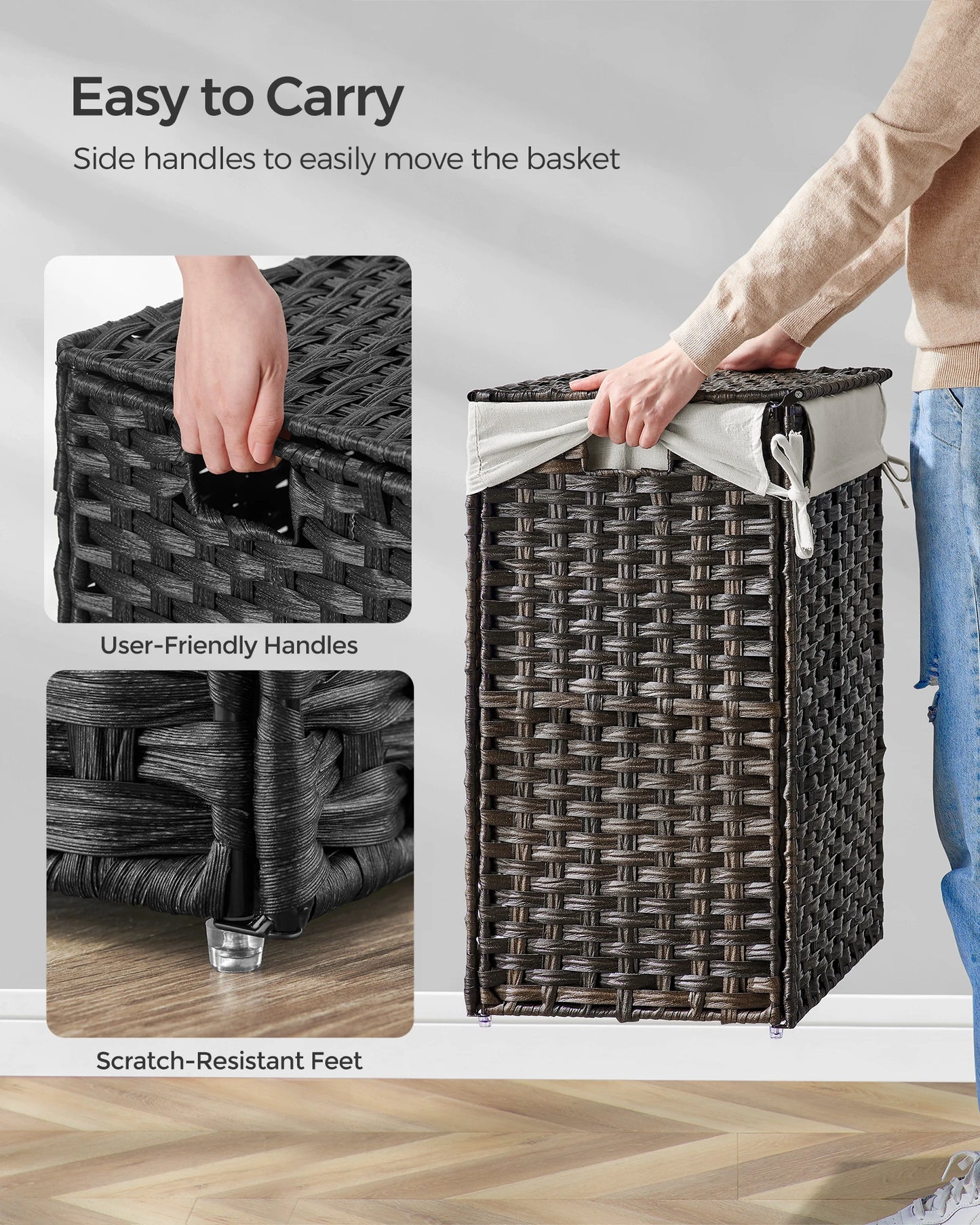Songmics Laundry Hamper with Lid 23.8 Gallon 90 Liters Synthetic Rattan Clothes Basket Foldable with Handles - Happy Home Retreat