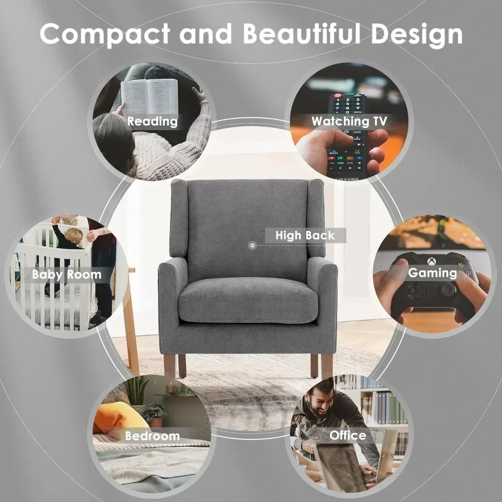 Modern Wingback Living Room Chair Upholstered Fabric Accent Armchair Single Sofa Chair With Lounge Seat And Wood Legs - Happy Home Retreat