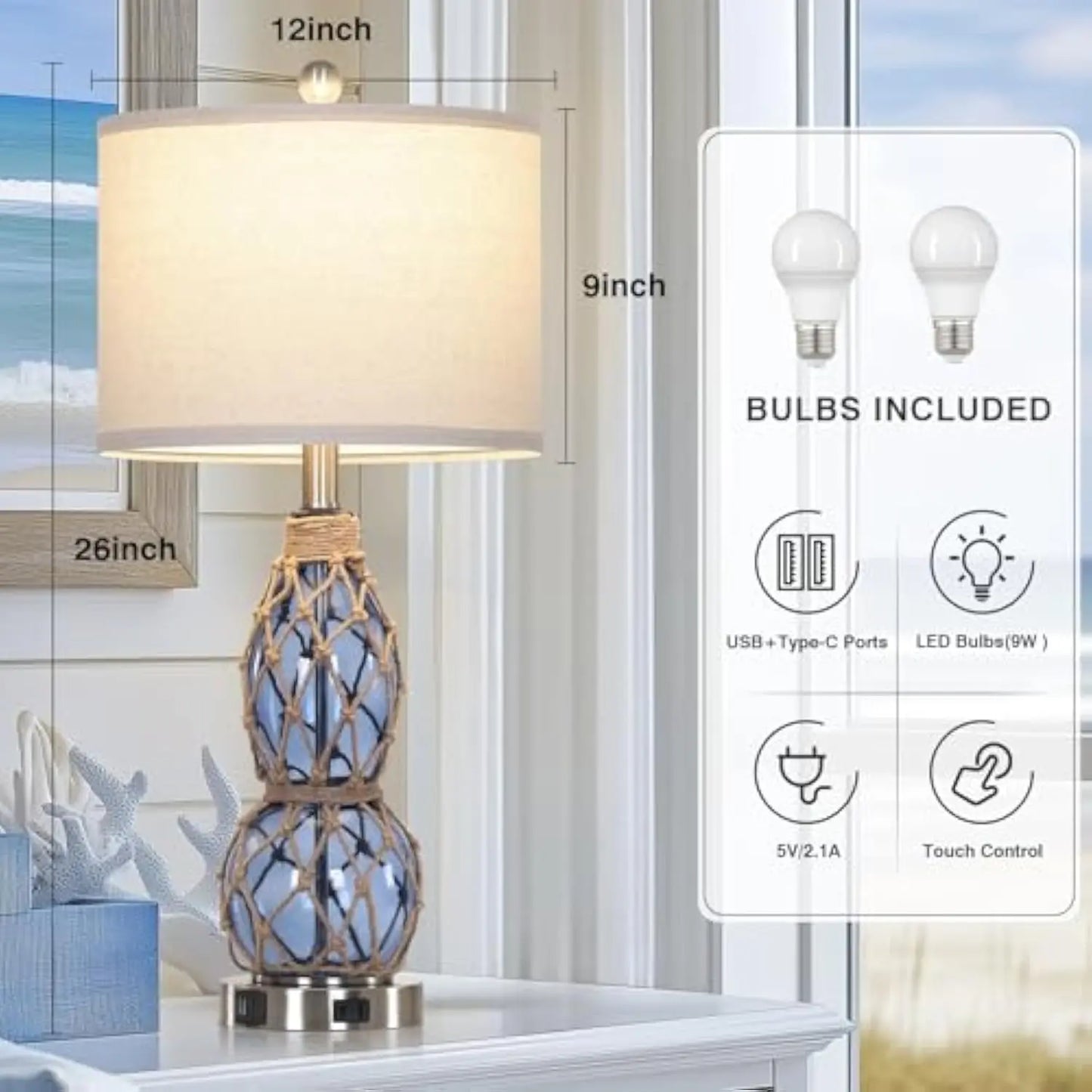 26 Coastal Glass Table Lamps Set of 2 3 Way Dimmable Touch Lamps with USB Ports and AC Outlet Nautical Bedside Lamps for Bedroom - Happy Home Retreat
